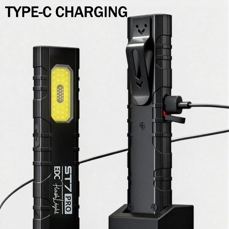 LED COB Flashlight 600LM Type-C Rechargeable Mini Portable Torch Pocket Work Light Magnetic Waterproof Lantern for Outdoor Camping Emergency