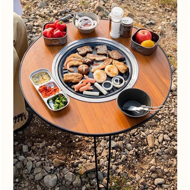 Folding Barbecue Stove Outdoor Camping Tea Boiling Stove Wood Grain Round Folding Table Picnic BBQ Stove