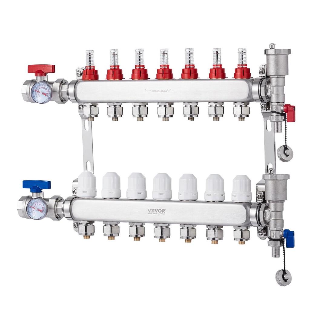 7-Branch Radiant Heat Manifold 1/2" PEX Tubing Floor Heating Manifold Set