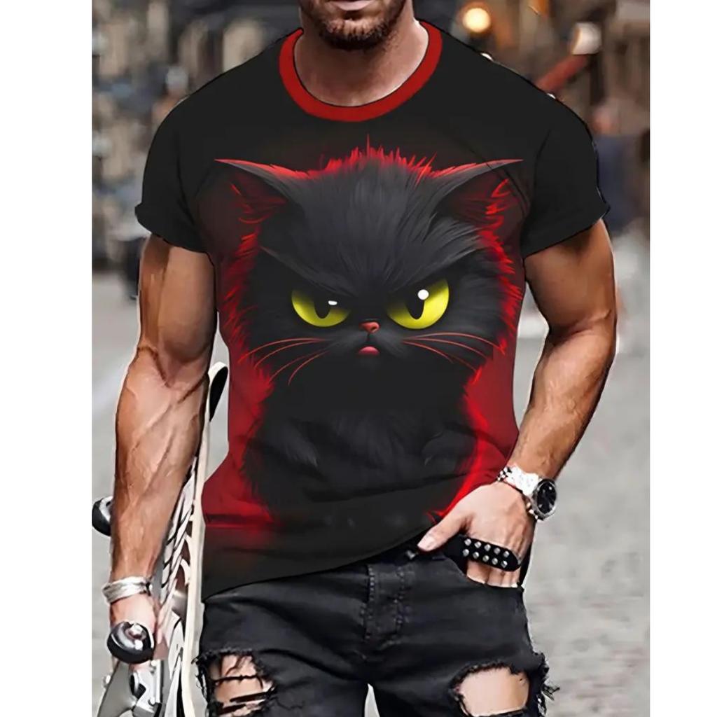 Summer Men's T Shirt Short Sleeve Animal Print Casual O-Neck Oversized Pullover Fashion Streetwear Male Clothing Cat T-Shirts