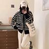 Retro Lapel Striped Double Zipper Knitted Cardigan Women's Autumn and Winter New Loose Versatile and Thin Sweater Jacket