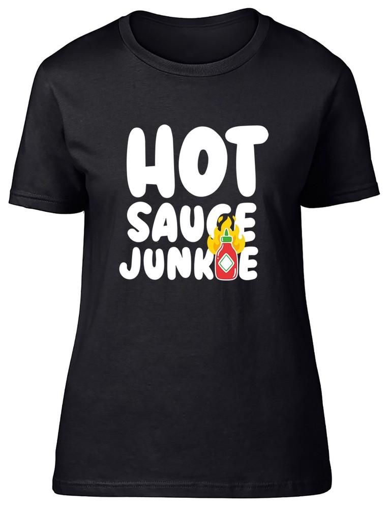 Hot Sauce Junkie Womens T-Shirt Chilli Spicy Tangy Ladies Gift Tee S