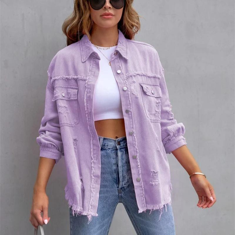 Frühling Herbst Hemd Stil Jeansjacke Damen Löcher Rohe Kanten Jeansmantel Lässige Oberteile Weiblich Oversize Locker Oberbekleidung L violett
