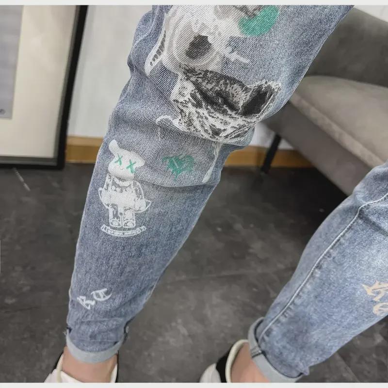 Jeans Azules Estampados Slim Fit para Hombre - Tendencia Verano 2023, Estilo Coreano