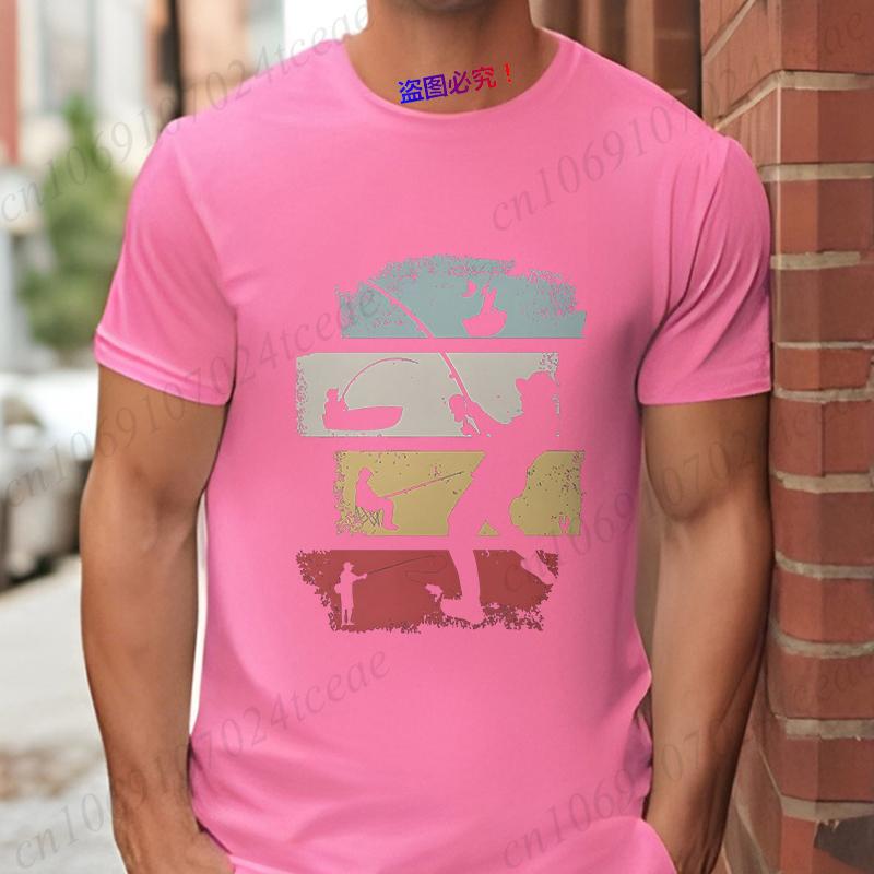 Vintage Fishing Men's T-Shirts Retro Color Block Fisherman Silhouette Graphic Tees Casual Short Sleeve Tops Oversized Clothing
