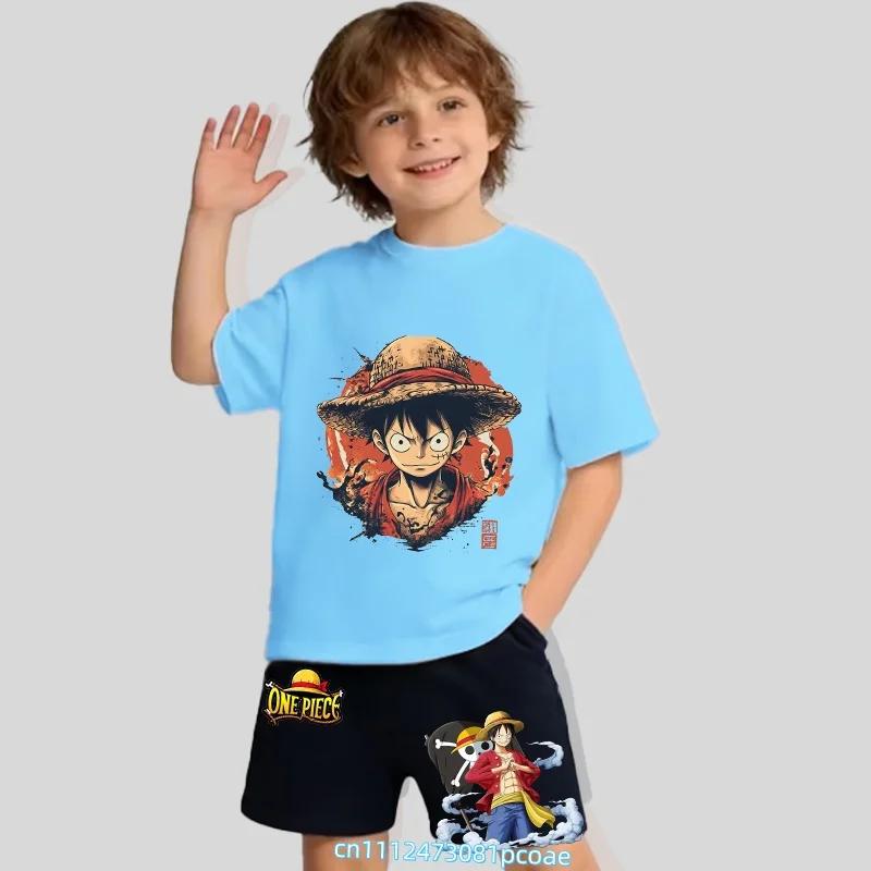 Children's Polyester Short-sleeved Shorts Set with "One Piece" Cartoon Print Boy's Sports Shirt for Summer T-shirt Set of 2 Pieces