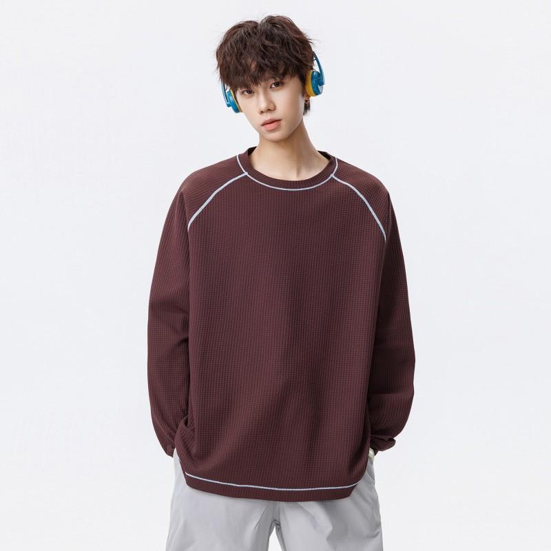Mens Waffle Knit Long Sleeve T-Shirt Casual Sports Color Block Round Neck Top