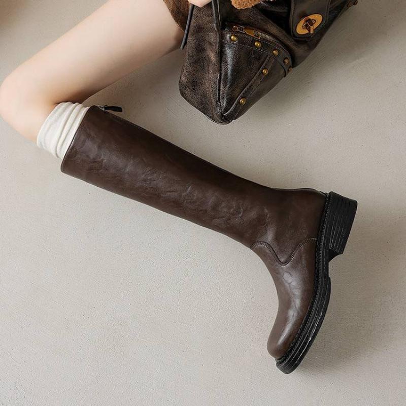 Autumn and Winter Solid Color Leather Large Size Women's Tall Boots Cowhide Middle Heel Comfortable Zipper Fashion Boots New Women's Boots