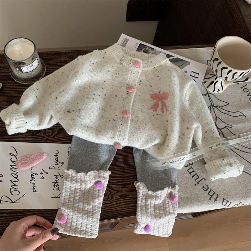 2024 Autumn Korean Kids' Outfit: Girls Bow Knit Cardigan & Leggings Set