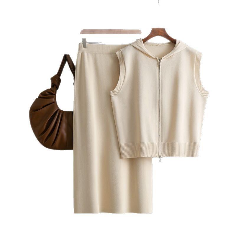 Summer new hooded knitted vest cardigan women's fashion suit skirt loose zipper two-piece set