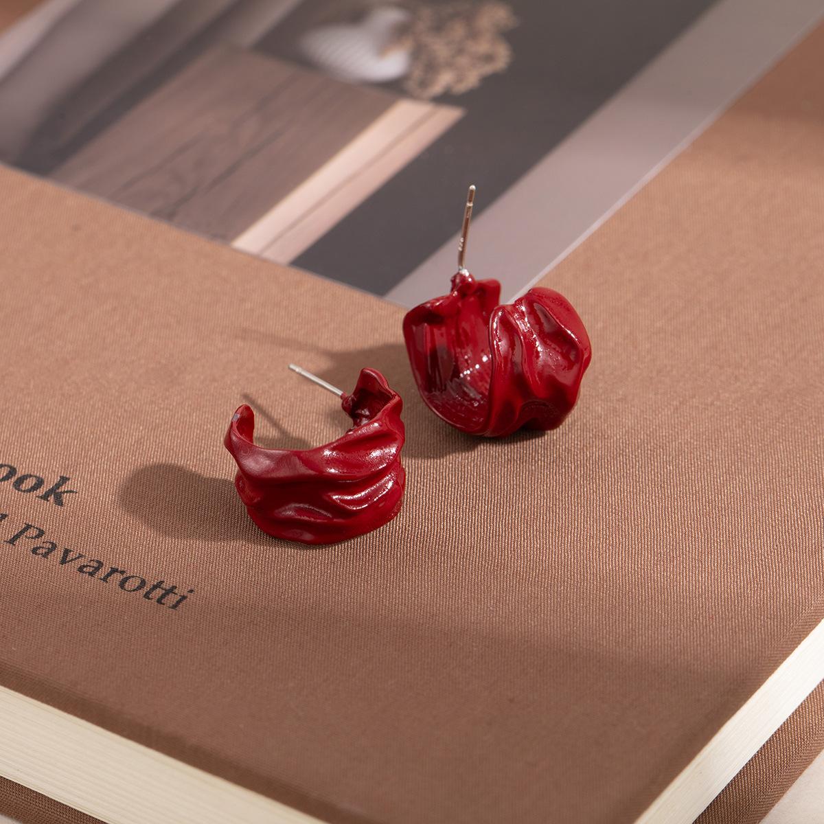 Temperament Ankara Red Pleated Stud Earrings For Women Niche Design Paint C-Shaped Stud Earrings For Women