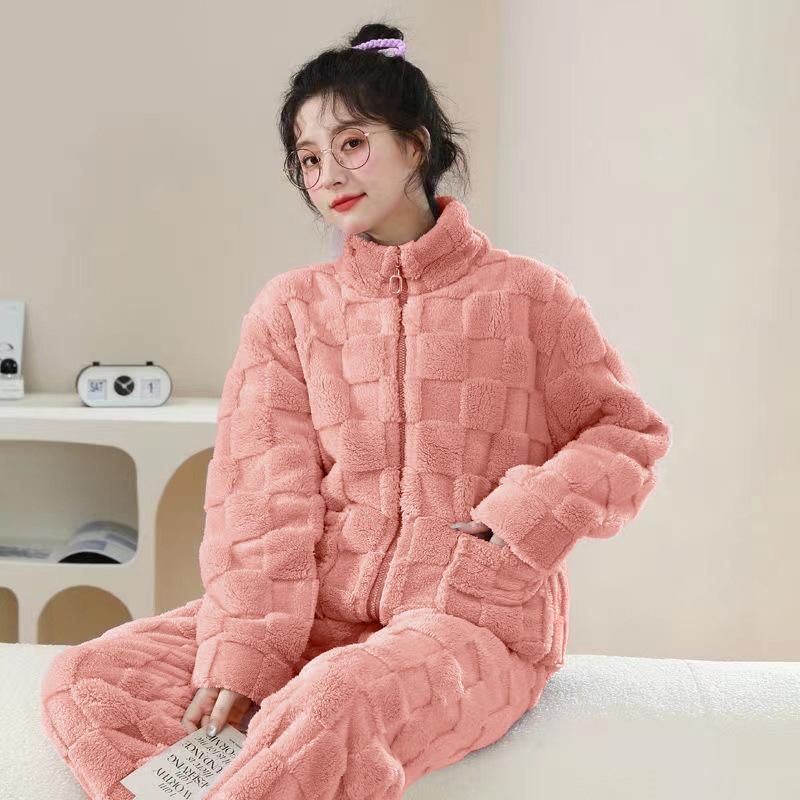 Flannel Thickened Velvet Pajamas Set Winter Long-sleeved Coral Velvet Pajamas for Women Warm Simple Solid Color Home Clothes