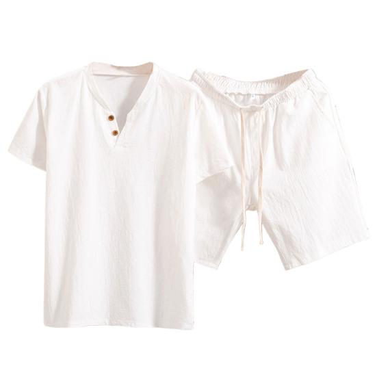 2 Pcs/Set Men T-shirt Shorts Set Solid Color Elastic Waist Loose V Neck Drawstring Homewear Deep Crotch Plus Size Casual Summer