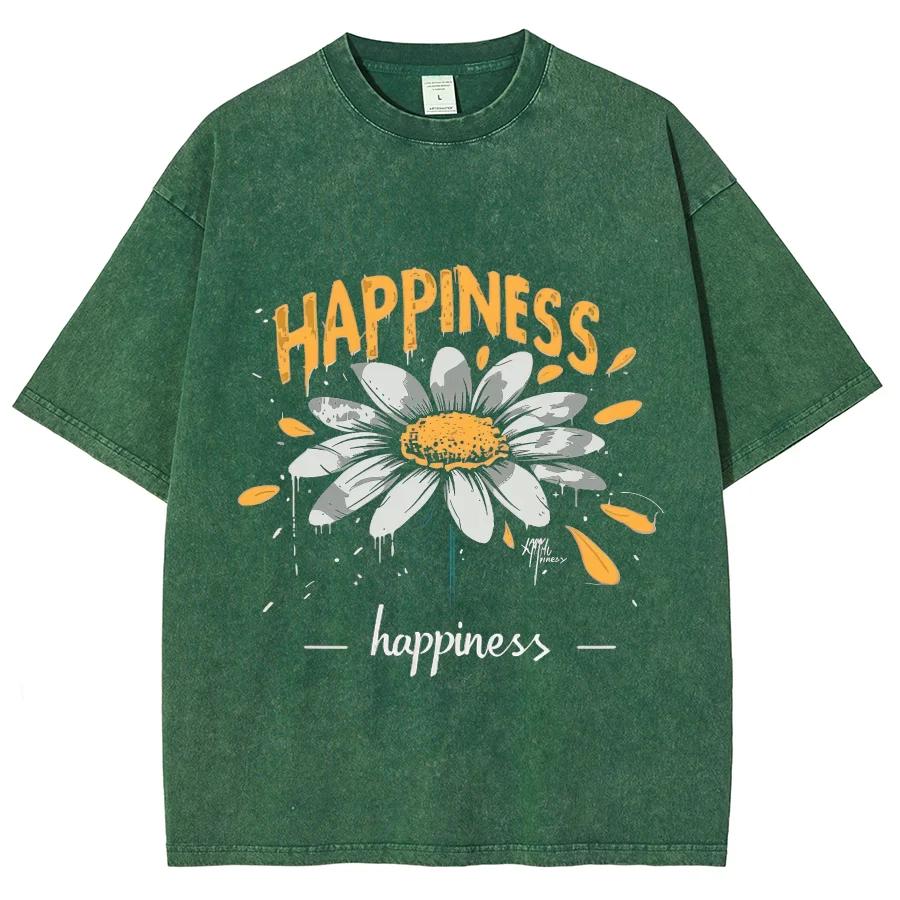 Yellow Cartoon Little Daisy Print Ladies T-Shirt Loose Wash Oversized Short Sleeve American Vintage Street Top Casual Tee