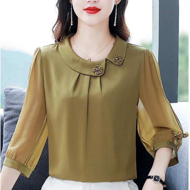 Women's Spring and Autumn Plus Size Thin Section Round Neck Seven Quarter Sleeve Solid Colour Casual Loose Breathable Comfortable Shirt