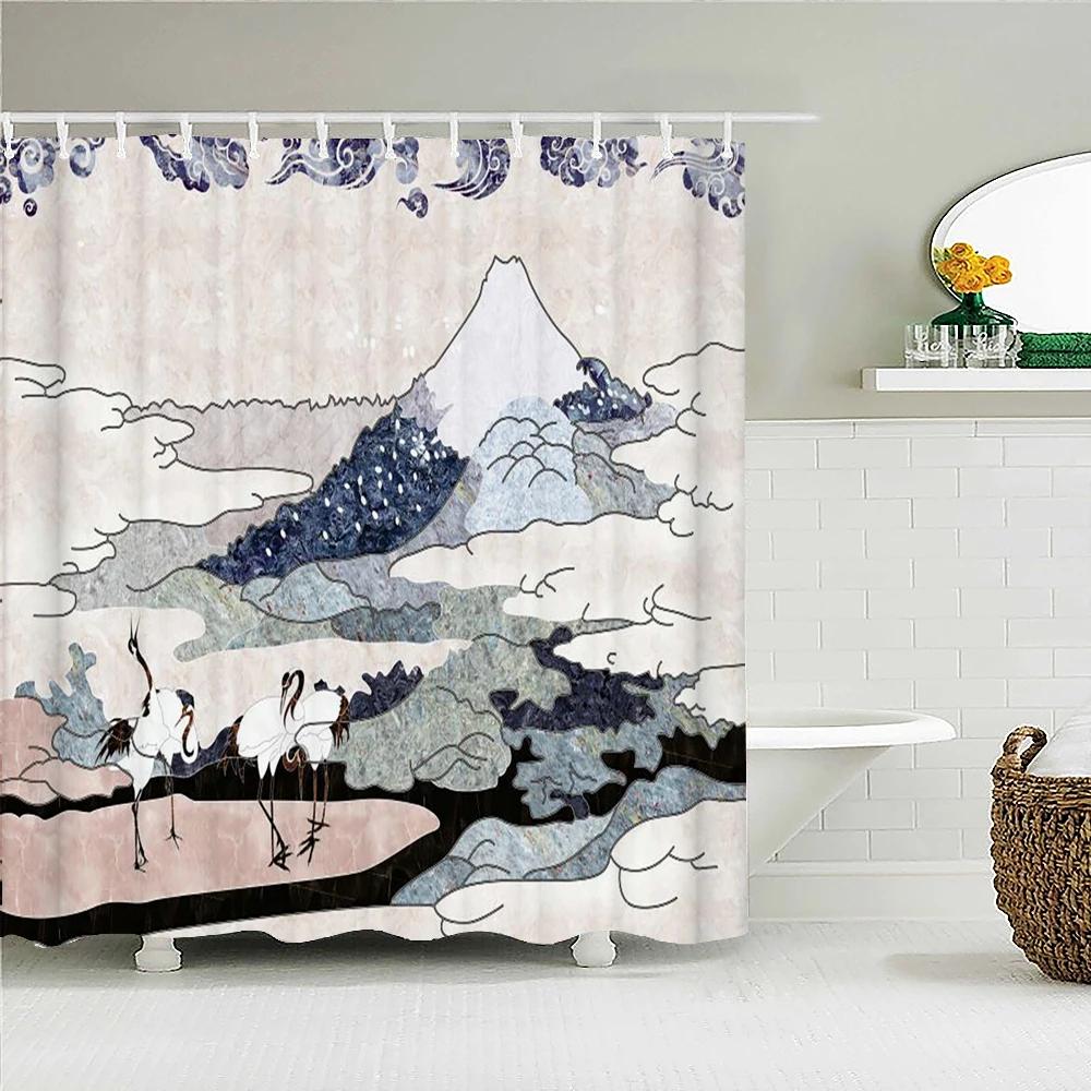 Japanese-style 3D Mount Fuji and Flower Print Shower Curtain With Hook Natural Landscape Home Decoration Bathroom Curtains