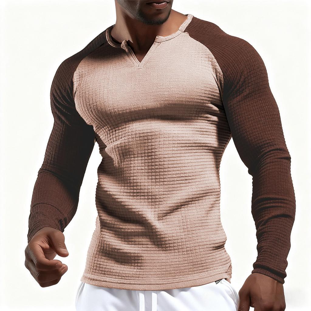 Men's V-neck Colorblock Long Sleeved T-shirt Casual Sports Slim Fit Top
