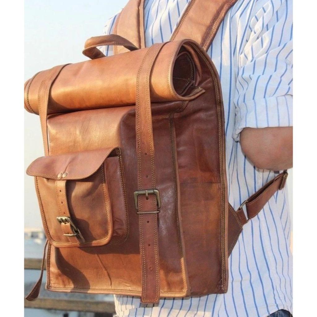Rucksack Genuine Brown Messenger Bag Leather Backpack Laptop Travel