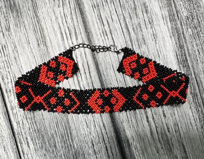 Traditional Ukrainian Beaded Choker Necklace HatynkaUA Necklace In Ethnic Style Handmade Black-Red (SUN999_57)