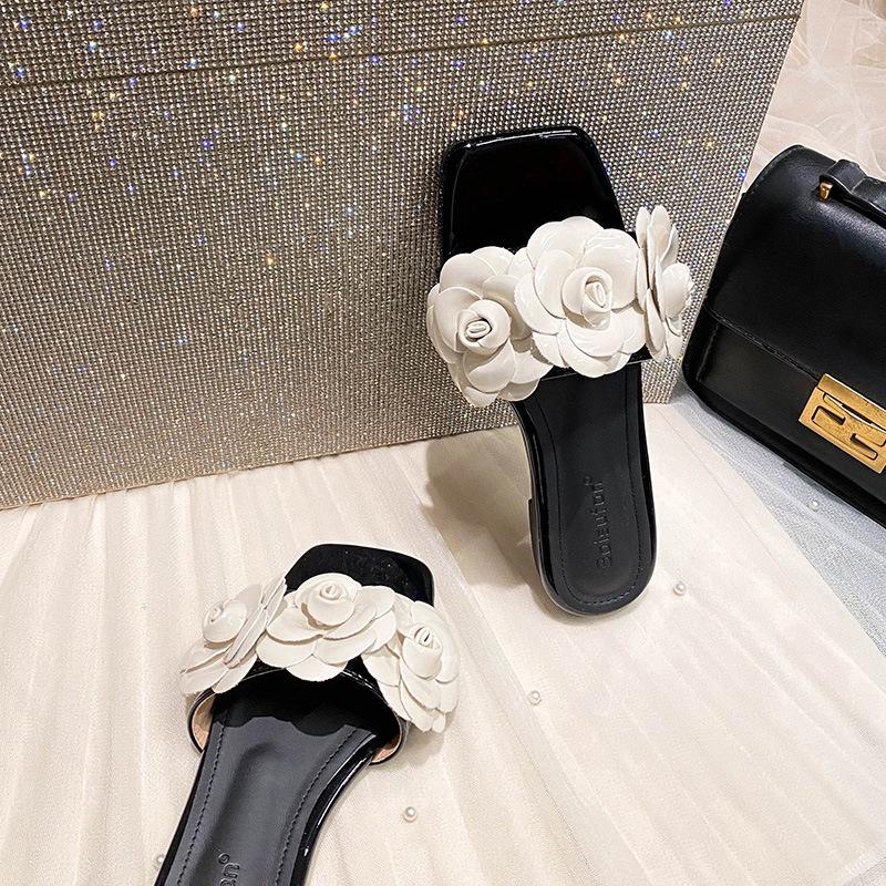 Fashion designer camellia slippers women black white mixed color slides shoes ladies flower decoration flip flops floral sandalias mujer