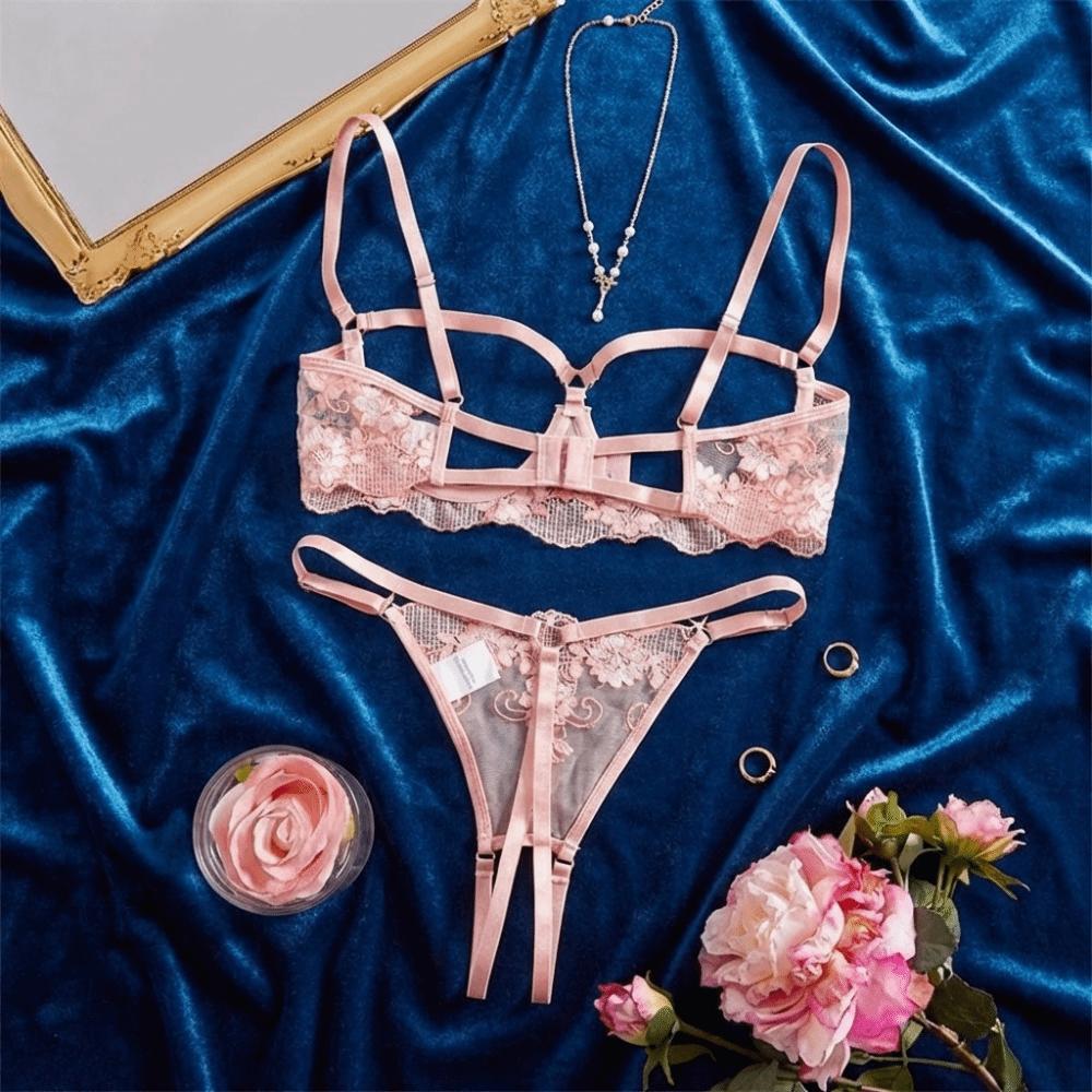 Lace Lingerie Suit Chest Support Bra Briefs Set T-back Perspective Lingerie Valentine's Day