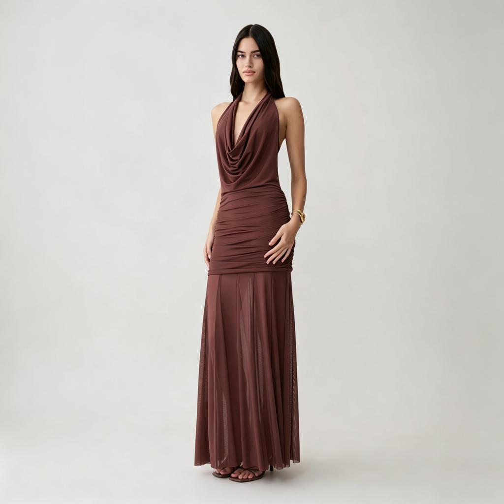 Women's clothing fashion design backless swing neck hip skirt mesh stitching pleated European and American style neck dress