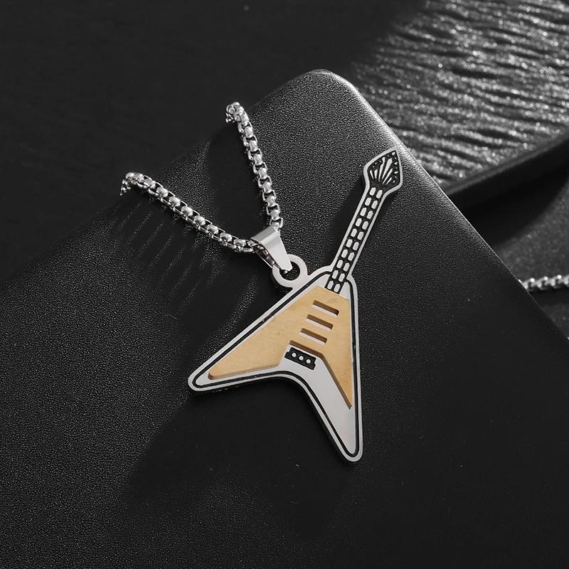 Hip Hop Rock Instrument Bass Guitar Stainless Steel Pendant Necklace for Men Women Personalized Music Party Jewelry Gifts