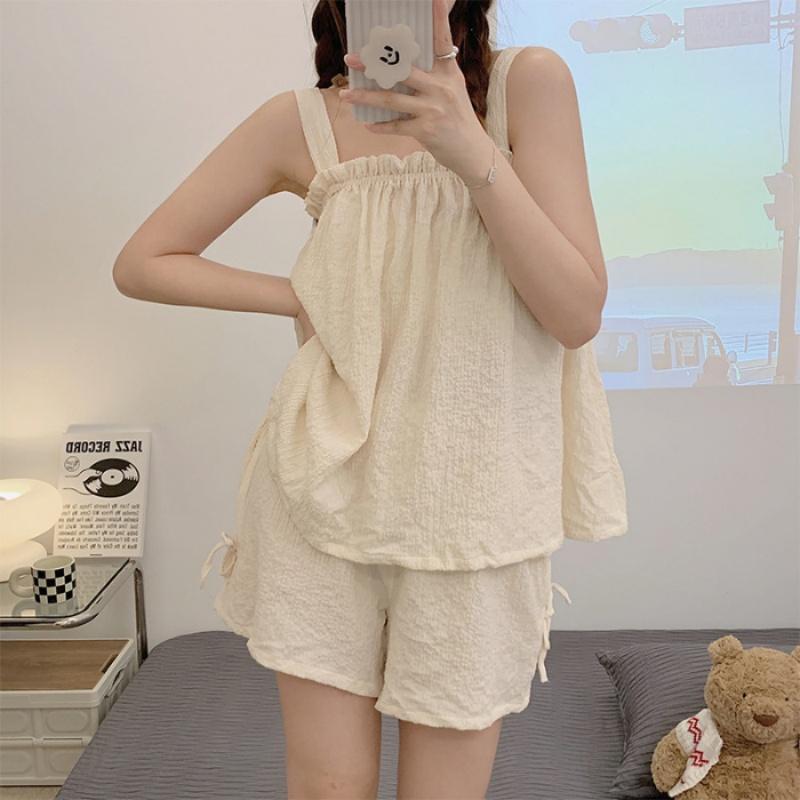 Pyjama Damen Sommer Zweiteilig Kurzer Pyjama Träger Dünn Süß Niedlich Mädchen Hauskleidung Ärmellos Locker Weich Hauskleidung