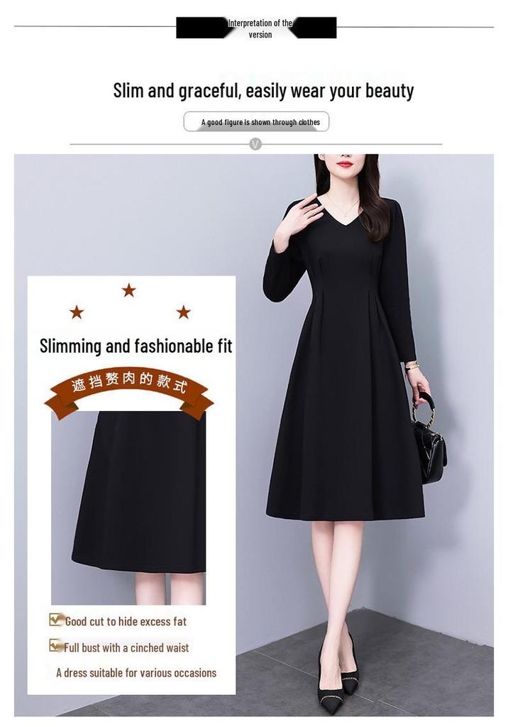Elegant Black V-Neck Plus-Size Long-Sleeve Dress for Spring and Autumn