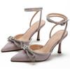 European and American high heels 2025 new bow women's shoes rhinestone pointed single shoes straps thin heel super high heel