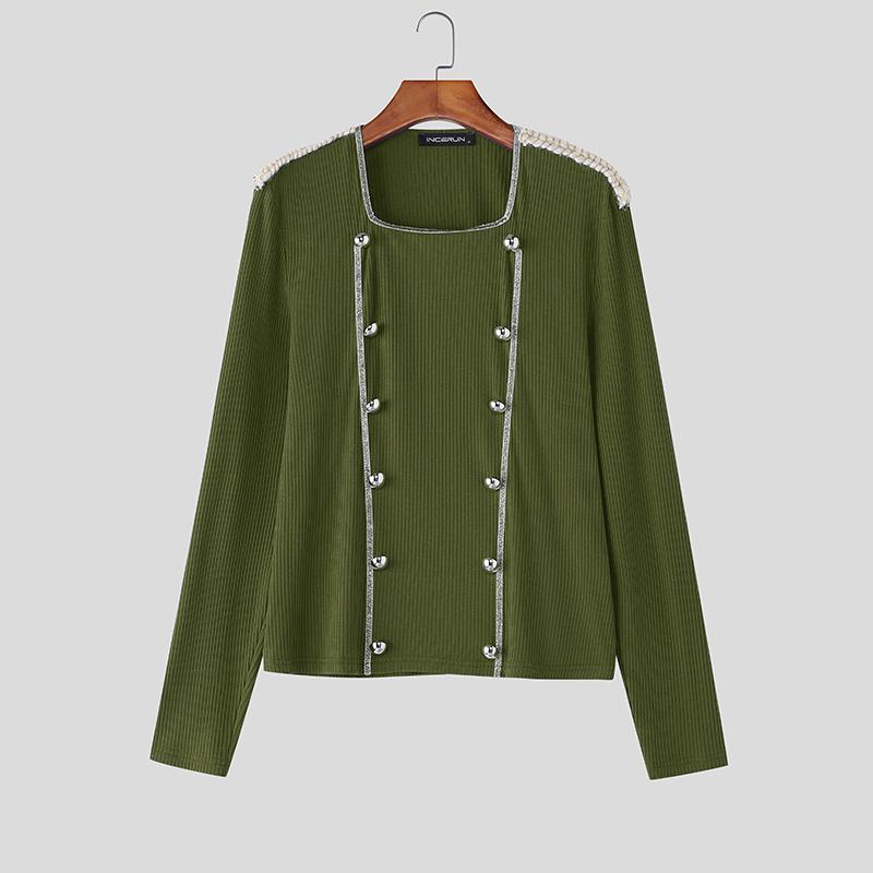 

INCERUN Men s Square Collar Long Sleeve Patchwork Buttons Fitted Cropped T-shirts Tops 3XL зелёный