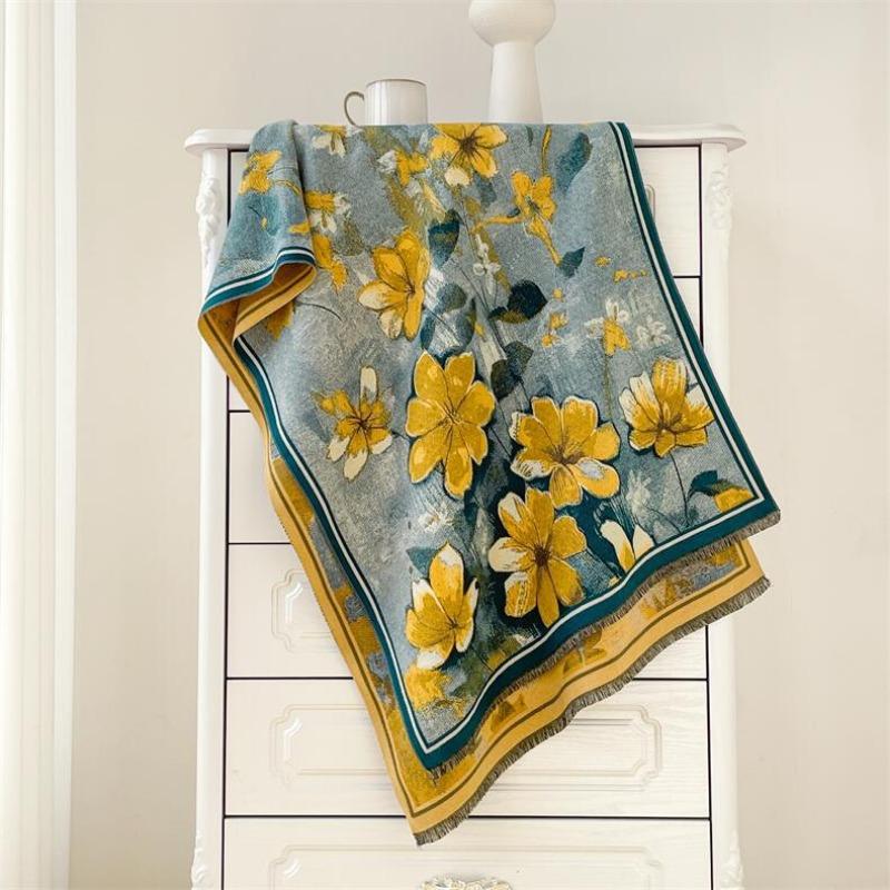 Winter oil painting style scarf women's plate four shuttle imitation cashmere shawl thickened warm fringed scarf