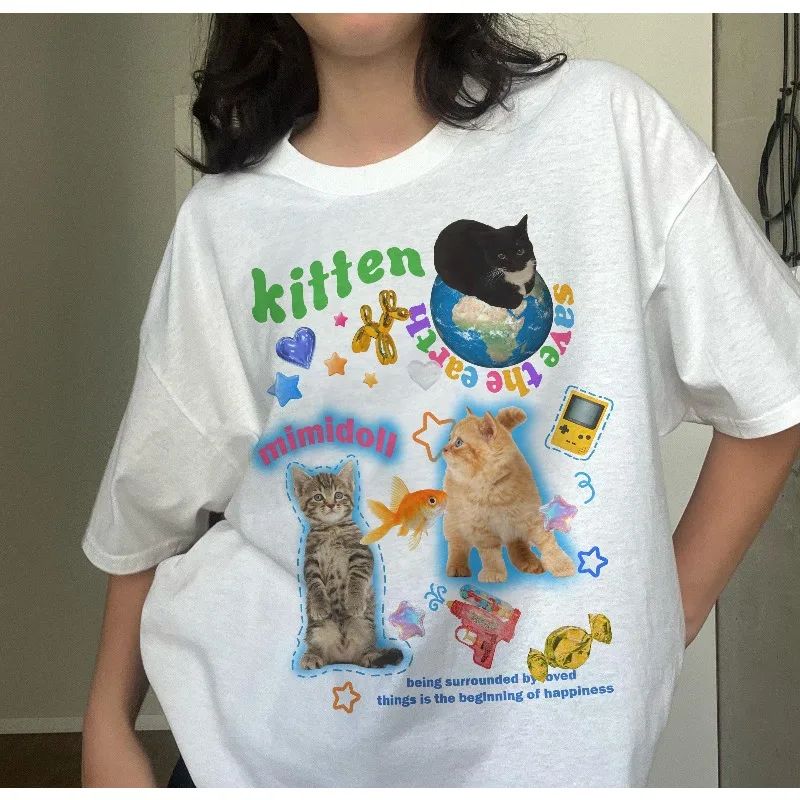Funny Cat Y2k Top 90s Kawaii Aesthetic Cat Meme Tshirt Y2k Silly Cat Shirt Harajuku Trashy Y2k Kitten Tee Casual Loose Unisex