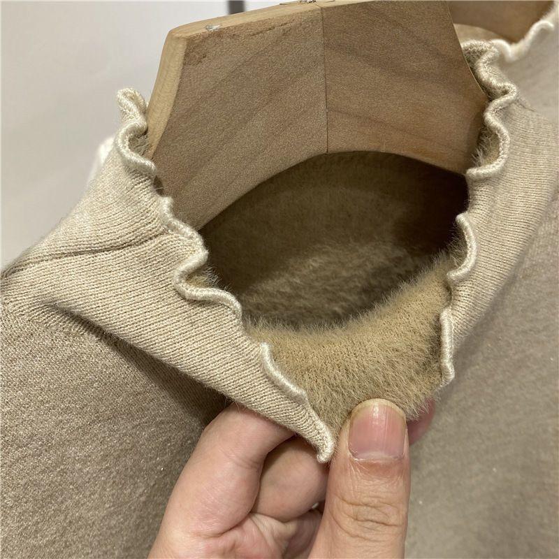 Solid Retro Plus Velvet Padded Knitted Bottoming Shirt Women Autumn Winter New Fashion Long Sleeved Tops Casual Pullover