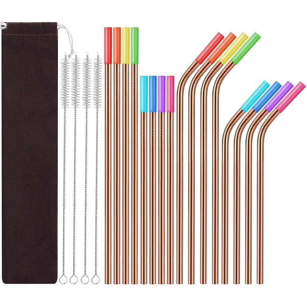 1 set- stainless steel straw set silicone mouth portable metal straw brush set of 16 pieces (4 straw brushes +16 straws +16 sili