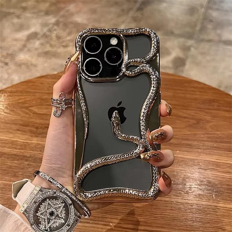 Plating Soft Rubber Frame Hollow Snake Phone Case For iPhone 17 11 12 13 14 15 16Pro Max Lens Protect Irregular Shockproof Cover