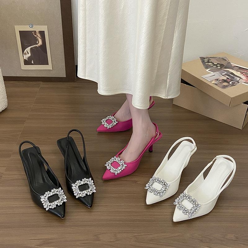 2025 new fairy purple bag head sandals high heels spring and summer pointed shoes thin heel French rhinestone single shoes