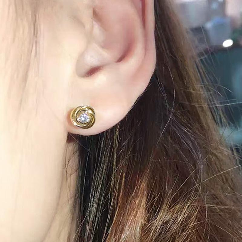 Huitan Metal Gold Color Spiral Design Stud Earring with Single CZ Women's Fashion Earrings Simple Versatile Ear Piercing Jewelry