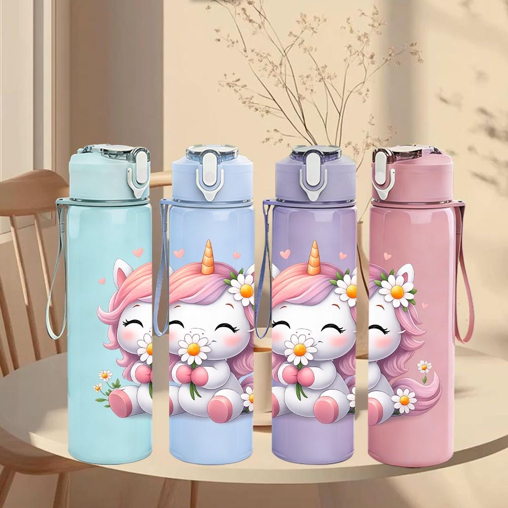 1PC Pink Dreamy Unicorn 750ml Color Plastic Sports Water Bottle Leakproof Flip Straw Lid Suitable for Sports Office Home Use