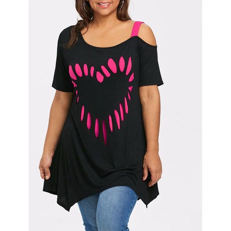 Stylish Womens Fashion Plus Size Off Shoulder Tops With Loose Heart Print Design