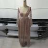 Spring and Suer, Women's New Dress, Long-sleeved Deep V Long Dress, Perspective Sprinkling Gold Dress