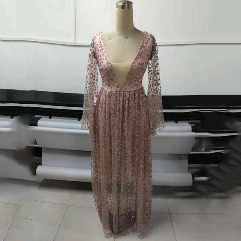 Spring and Suer, Women's New Dress, Long-sleeved Deep V Long Dress, Perspective Sprinkling Gold Dress