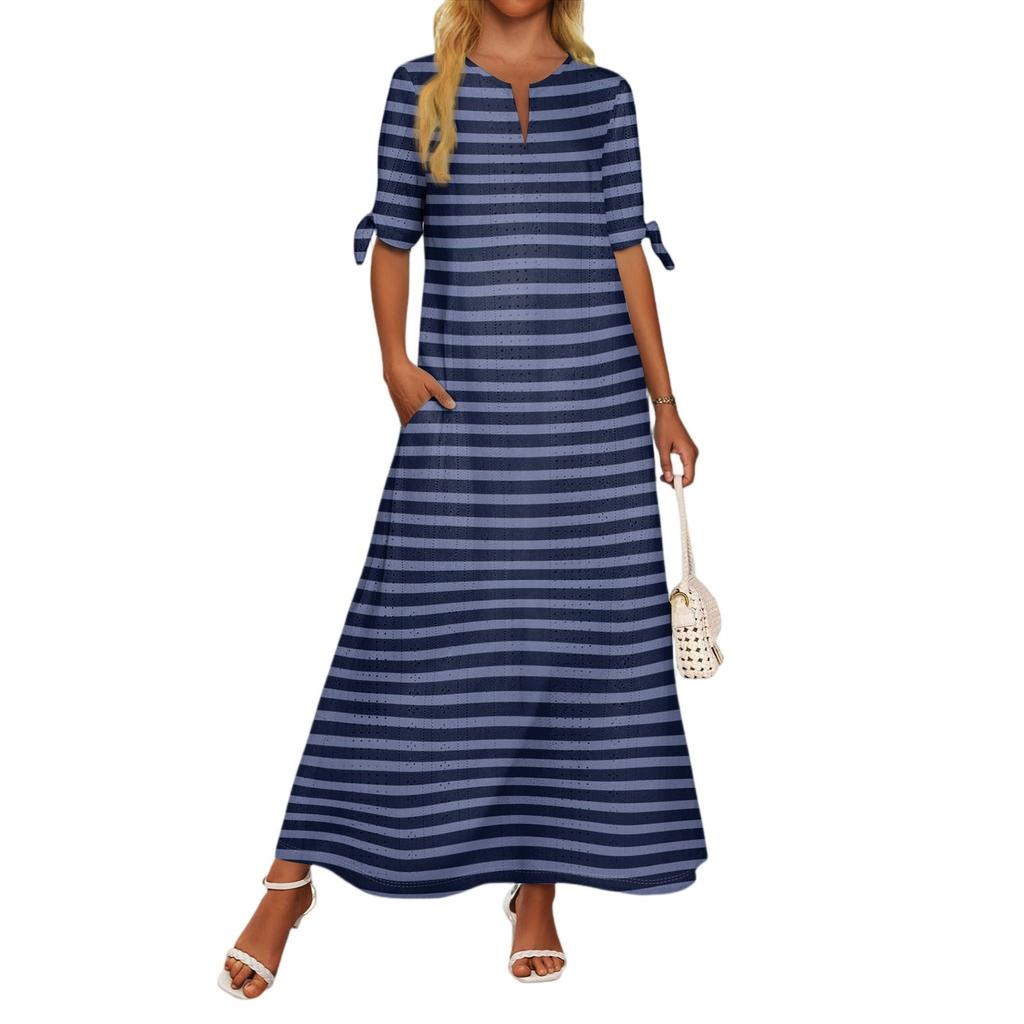 Ladies Casual Fashion Temperament Elegant Waist Striped Long Dress