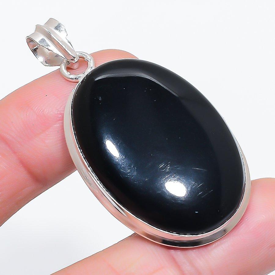 Natural Black Onyx Gemstone 925 Sterling Silver Jewelry Pendant 2.05" P7t53
