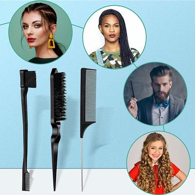 3 Pcs Professional Hair Styling Comb Set: Metal Pin Rat Tail Comb, Teasing Brush & Double-Ended Edge Eyebrow Brush for Salon & Home Hair Braiding, Sty