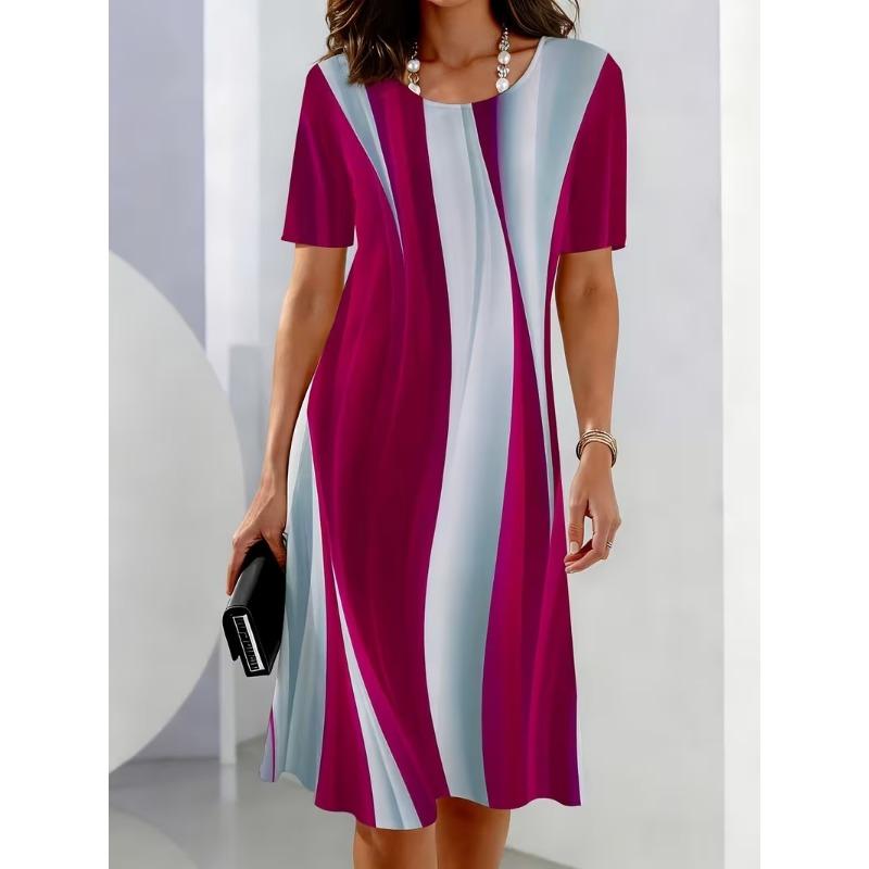 Summer Women Dress Casual Loose Short Sleeve O-Neck Print Mini Dress