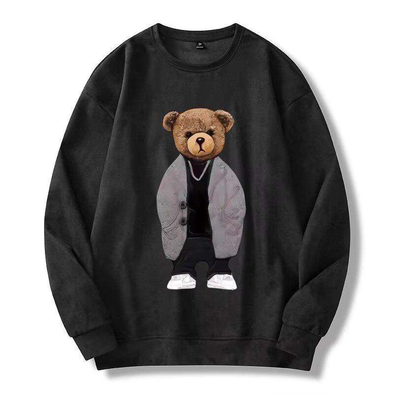 Мужская осенняя толстовка с принтом медведя из замши - Повседневный модный пуловер M чёрный