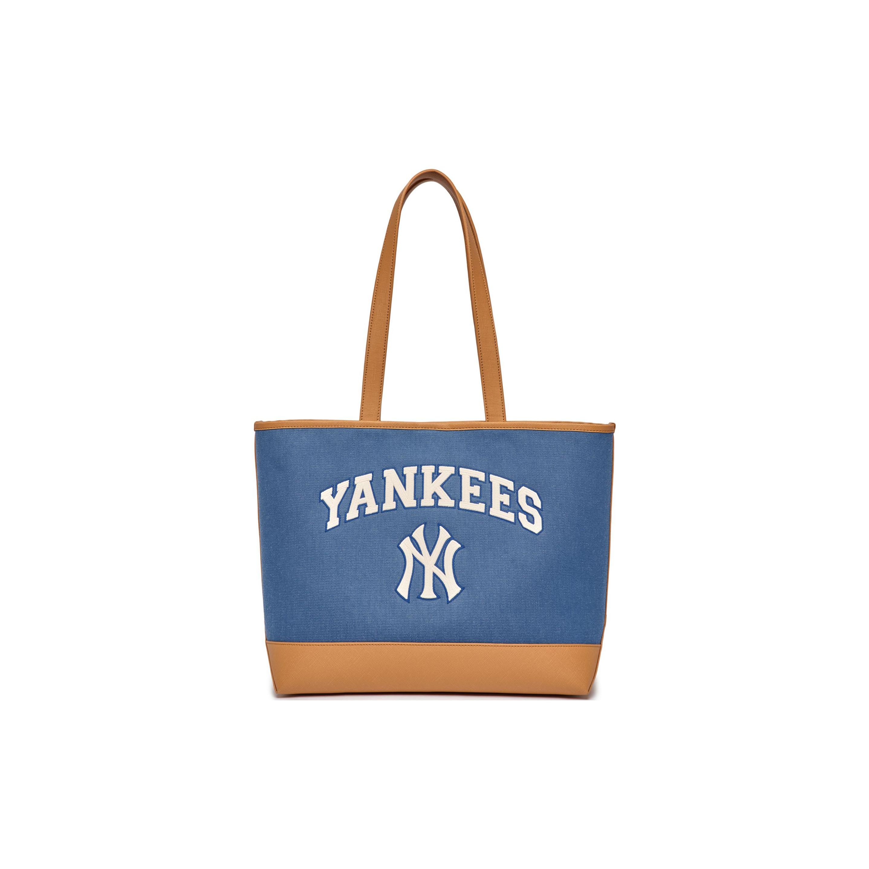 

MLB New York Yankees Letter Logo Decorative Casual College Fashion Large Capacity Faux Leather Tote Shoulder Bag Unisex Bags 3AORL103N-50INS Brown/Blue