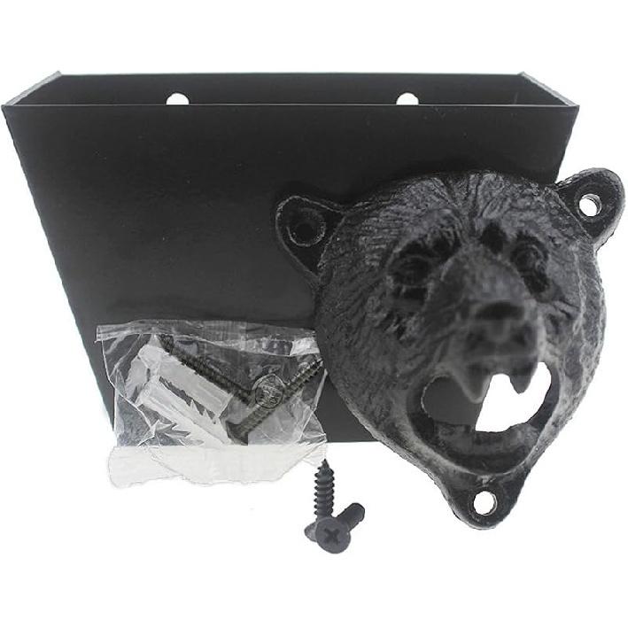 Black Bear Head Cast Iron Bottle Opener Wall Mounted Beer Top Opener with Cap Catcher Bundle