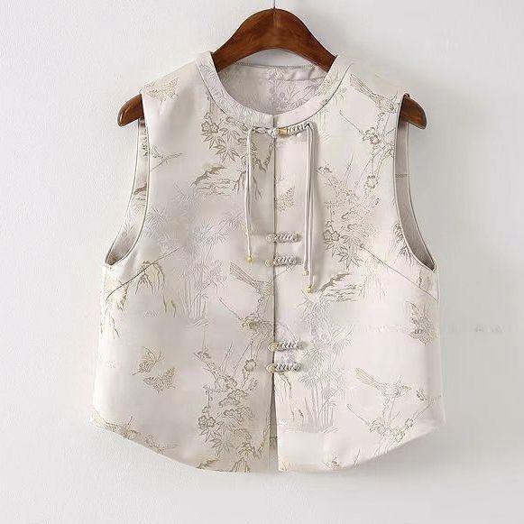 2025 Solid Color Retro Antique Embroidered Jacquard Vest Women's New Chic Buckle Top